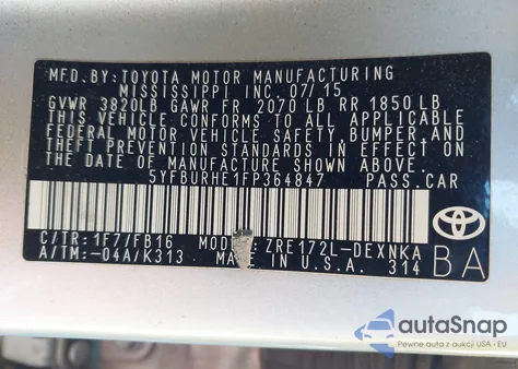 2015 Toyota Corolla Le z USA, uszkodzony, nr VIN 5YFBURHE1FP364847